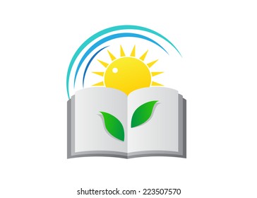 logo. Education, book, sun and green leaves of a tree