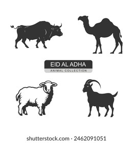 Logo of a Eid al adha animal collection camel buffalo sheep and goat icon silhouette design on white background