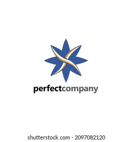 Logo of an eight-sided blue star with white and orange curved ornaments inside it. Brand identity for companies, businesses, and organizations.