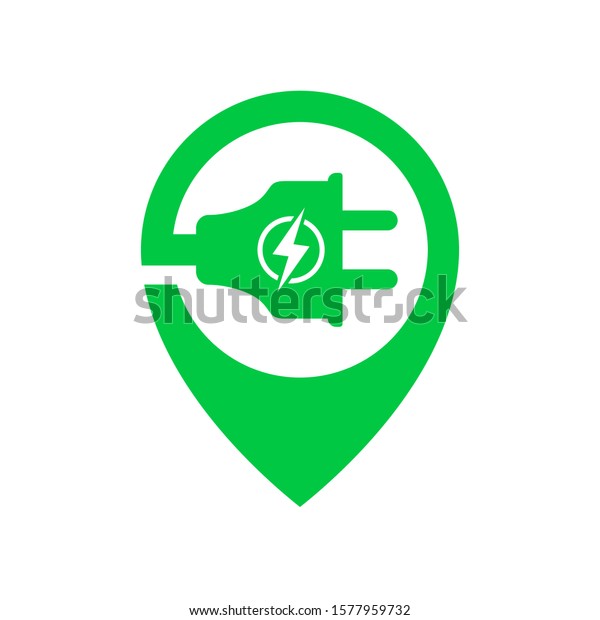 Logo for Electric car chargering station with plug\
icon inside location point symbol. Green charging point logotype.\
Vector illustration. EPS\
10