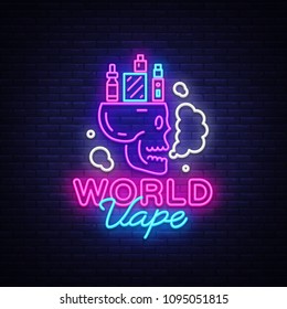 El logotipo del cigarrillo electrónico al estilo neón. Signo de Neon de Vape Shop, Concepto de Vape Mundial con Calavera, Emblema, Cartel Noche Brillante, Cigarrillos Electrónicos Publicitarios Neon. Ilustración del vector