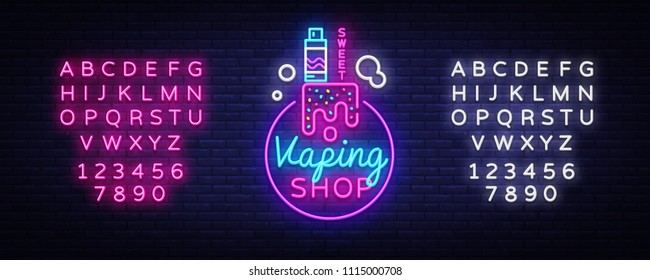 Logo electronic cigarette in neon style. Vape Shop Neon Sign, Sweet Vape Shop Concept, Emblem, Bright Night Signboard, Neon Advertising Electronic Cigarettes. Vector. Editing text neon sign