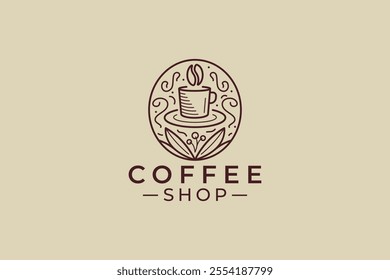 Logo Elegant Bean Coffee Delight in Every Sipped Cup with Leaf Retro Style Line Art Sign Symbol