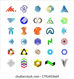 Logo-Element und abstraktes Web-Symbol und globales Vektorsymbol. Ungewöhnliches Symbol und Aufkleber Set. Grafisches Design, das für Ihr Design leicht editierbar ist. Moderne Logotypsymbol.