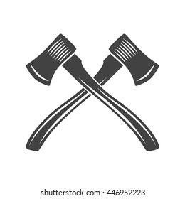 Logo elements. Black and white monochrome flat vector illustrations. Two crossed axes with long handle.