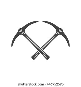 Logo elements. Black and white monochrome flat vector illustrations. Two crossed pickaxes.