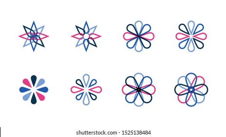 Logo Elements Icon Set with Floral Flower Pins in Blue and Pink Accents - Vector EPS Illustrator