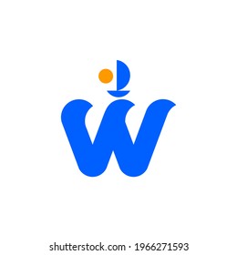 Logo elements: letter 'W', waves of the sea and a ship with the sun. Vector. 