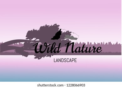 Logo elements. Nature landscape vector background with logo. Vector design illustration for web design development, natural landscape graphics. View of tree, river, lake, forest, horizon, hills