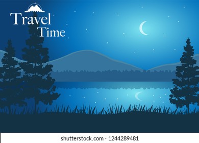 Logo elements. Nature landscape vector background with logo, bage. Vector design illustration for web design development, natural landscape graphics. View of tree, moon, pine, river, lake, night.