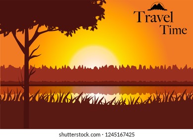 Logo elements. Nature landscape vector background with logo. Vector design illustration for web design development, natural landscape graphics. View of tree, sunrise, forest, grass, river, lake