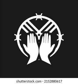 Logo elements: "Shanyrak", praying hands and metal spikes. Mourning day of genocide and repression in Kazakhstan. Vector. Isolate.