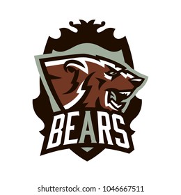 Logo, emblem of an aggressive bear ready for attack. A dangerous predator, an animal living in a wild forest, teeth. Shield, lettering, printing on T-shirts. Vector illustration