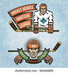 Logo, emblem for amateur hockey league or team. Player with  stick in his hands and vintage ribbon, retro banner. Texture on separate layers. Text  can be removed.