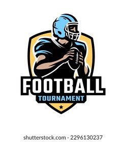 Logo, emblem with an American football player and the inscription Football tournament.