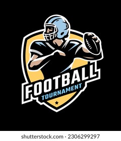 Logo, emblem with an American football player on a black background.
