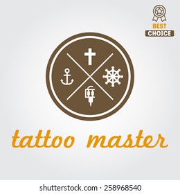 Logo, emblem, badge, print, sticker or logotype elements for tattoo salon or tattoo master 