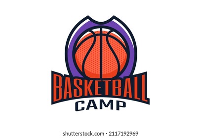 Logo, emblem of the basketball camp. Colorful school emblem with a ball on the background of the shield. Basketball sports logo template, training camp. Isolated vector illustration
