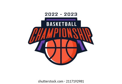 Logo, emblem of the basketball championship. Colorful emblem of the championship with the ball on the background of the shield. Basketball sport tournament logo template. Isolated vector illustration