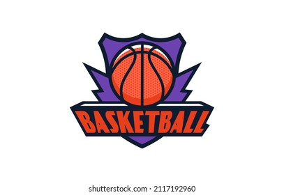 Logo, emblem of basketball. Colorful basketball ball emblem on the background of the shield. Sports club, team logo template. Badge, icon, ball, shield. Isolated vector illustration.