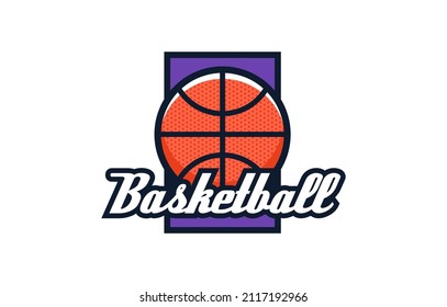 Logo, emblem of basketball. Colorful basketball ball emblem on the background of the shield. Sports club, team logo template. Badge, icon, ball, shield. Isolated vector illustration.