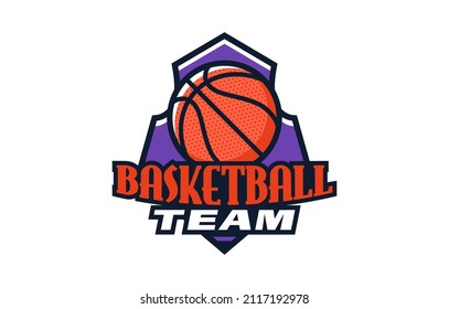 Logo, emblem of basketball. Colorful basketball ball emblem on the background of the shield. Sports club, team logo template. Badge, icon, ball, shield. Isolated vector illustration.
