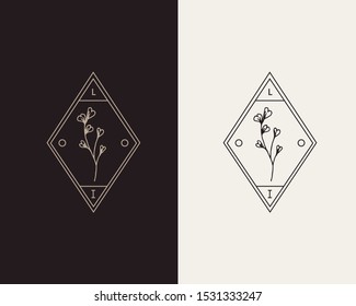 Logo emblem with a blooming flower. simple minimalistic monochrome logo with space for initials