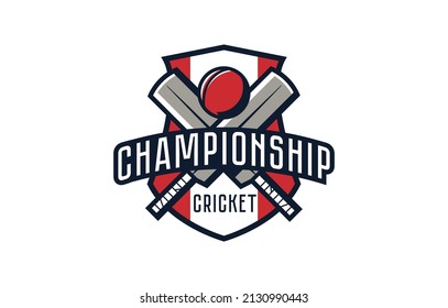 Logo, emblem of the cricket championship. Colorful emblem of the championship with a ball and bats on the background of the shield. Cricket sport tournament logo template. Isolated vector illustration