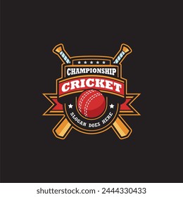 Logo, emblem of the cricket championship. Colorful emblem of the championship with a ball and bats on the background of the shield.  
