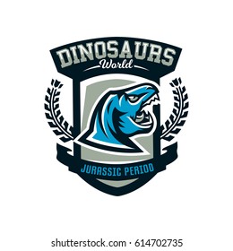 Logo, emblem of dinosaur, Jurassic period. Vector illustration, printing on T-shirts.