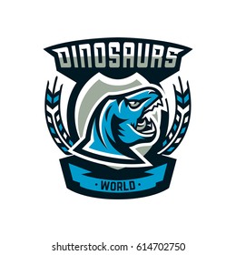 Logo, emblem of dinosaur, Jurassic period. Vector illustration, printing on T-shirts.