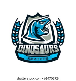 Logo, emblem of dinosaur, Jurassic period. Vector illustration, printing on T-shirts.