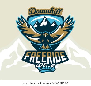 Logo, emblem of an eagle flying. Mountains, rocks. Badges shield, lettering. Freeride, downhill, cross-country. Vector illustration.