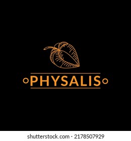 Logo emblem for exotic fruit market, a business for grocery stores. Physalis flower on black background. Silhouette. Berries. Physalis. Phisalis lace. Hand-drawn doodles in a sketch.