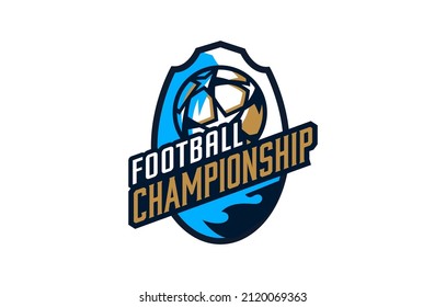 Logo, emblem of the football championship. Colorful emblem of the championship with the ball on the background of the shield. Football sport tournament logo template. Isolated vector illustration