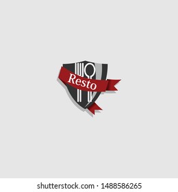 logo or emblem with fork and spoon for restaurant, cafe or bar