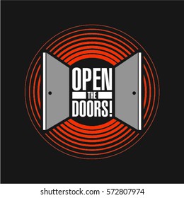 logo emblem in the form of two open doors in a circle, with an inscription in the center of the open doors