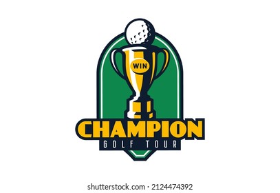 Logo, emblem of a golf champion. Colorful emblem of the cup with the ball on the background of the shield. Golf champion logo template, championship winner, league cup winner. Vector illustration