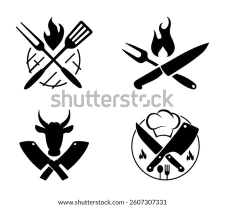 Logo emblem for a grill and barbecue establishment with a fire symbol. A black and white emblem featuring grilling utensils crossed with a flame symbol, representing BBQ culture and cooking.