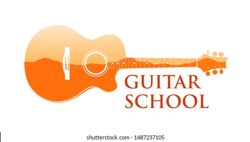 Logo emblem for Guitar music school. Vector illustration of silhouette of guitar with caption on white background isolated - Royalty Free