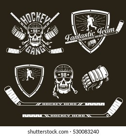 Logo, emblem hockey team with skull and crossed sticks, and with shield and a player. On dark background. Vector illustration.