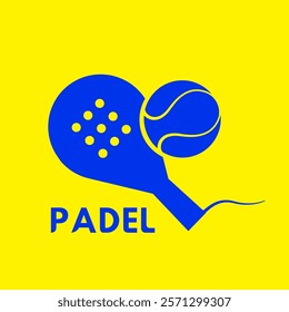 Logo, emblem, icon for the game Padel with the image of a ball and a racket on a yellow background