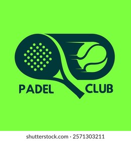 Logo, emblem, icon for the game Padel with the image of a ball and a racket on a green background