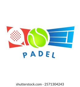 Logo, emblem, icon for the game Padel with the image of a ball, court and racket