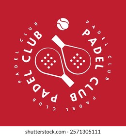 Logo, emblem, icon for the game Padel with the image of a racket and a ball on a red background