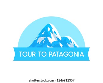 Logo Emblem with Illustration of Patagonia alps Vector Style - Vector Nature Landscape with text label isolated on white background.