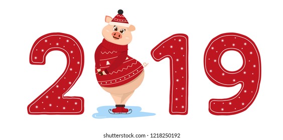 Logo, emblem, inscription, sign 2019 year with a cute pig in Christmas sweater on skates. Used for calendar, New Years greeting, Christmas card, posters, banners,  sales and other winter events. Symbo