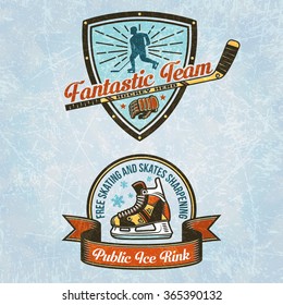 Logo, emblem,  labels in vintage style of the hockey team, ice rink. Texture on separate layers and easily disabled.