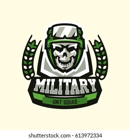 Logo, emblem, military theme. Skull, helmet, glasses, soldier, ammunition. Vector illustration, printing on T-shirts