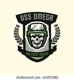 Logo, emblem, military theme. Skull, helmet, glasses, soldier, ammunition. Vector illustration, printing on T-shirts
